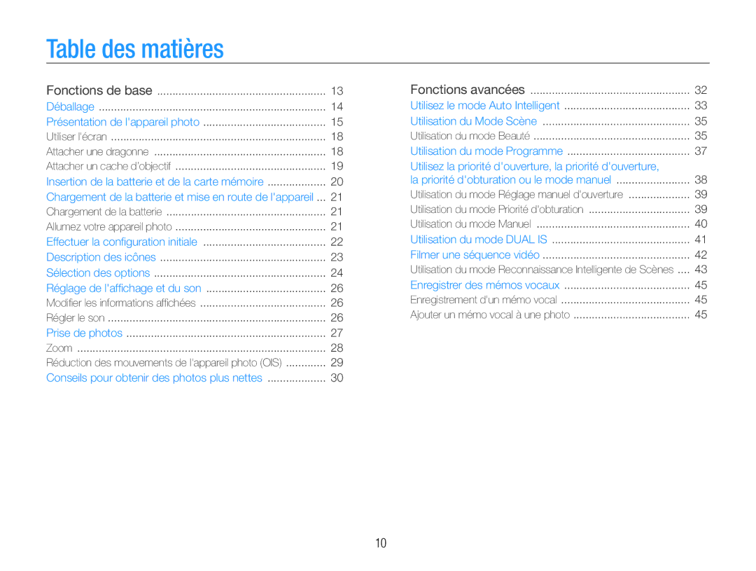 Samsung EC-EX1ZZZBPBIT, EC-EX1ZZZBPBE1 manual Table des matières, Utilisez la priorité douverture, la priorité douverture 