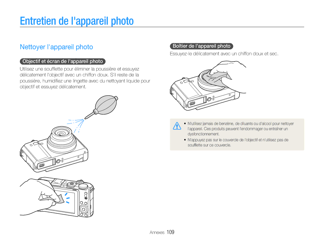 Samsung EC-EX1ZZZBPBIT manual Entretien de lappareil photo, Nettoyer lappareil photo, Objectif et écran de lappareil photo 