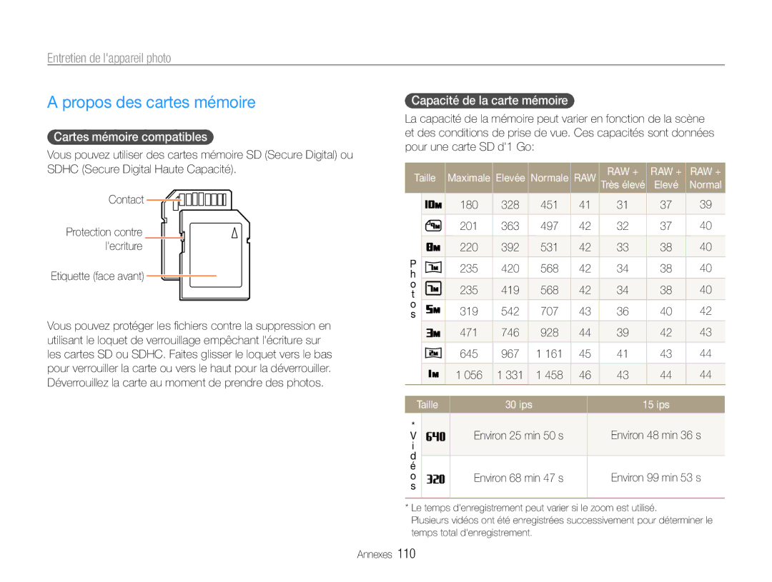 Samsung EC-EX1ZZZBPBE1 manual Propos des cartes mémoire, Entretien de lappareil photo, Cartes mémoire compatibles, Taille 