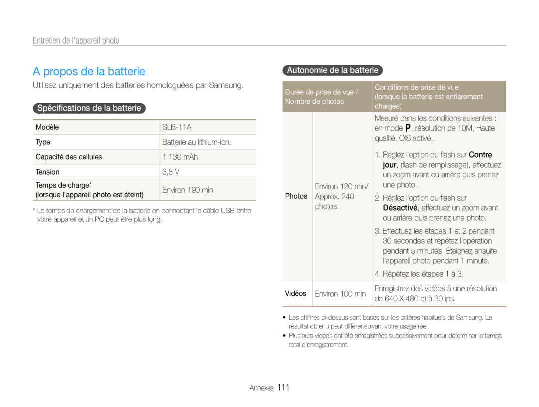 Samsung EC-EX1ZZZBPAGB, EC-EX1ZZZBPBE1 manual Propos de la batterie, Spéciﬁcations de la batterie, Autonomie de la batterie 