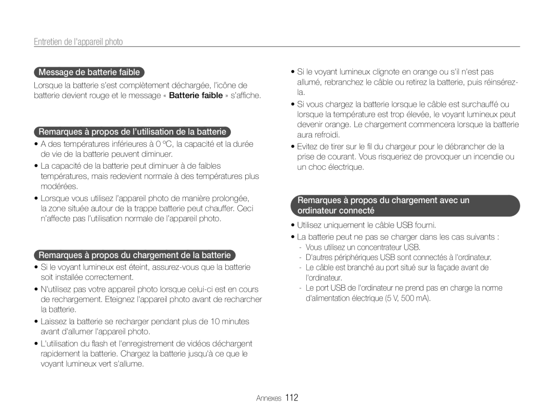 Samsung EC-EX1ZZZBPBIT, EC-EX1ZZZBPBE1 manual Message de batterie faible, Remarques à propos de l’utilisation de la batterie 