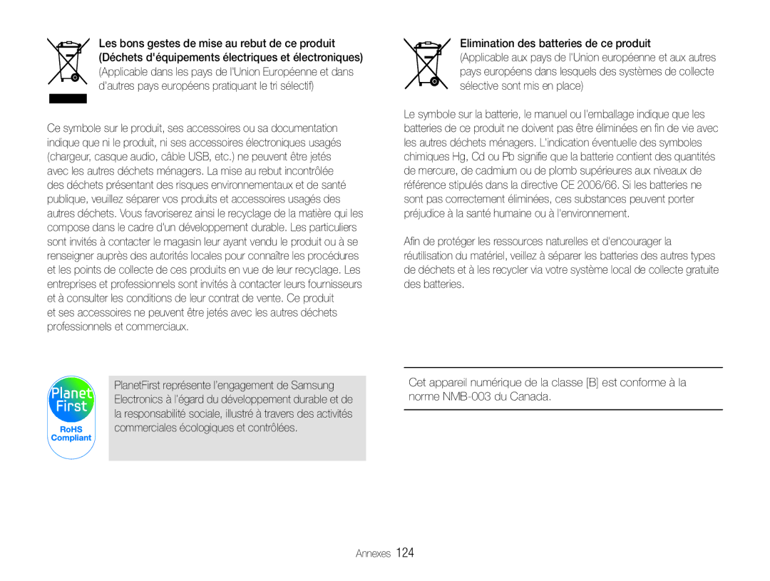 Samsung EC-EX1ZZZBPBIT, EC-EX1ZZZBPBE1, EC-EX1ZZZBPAGB manual Elimination des batteries de ce produit 