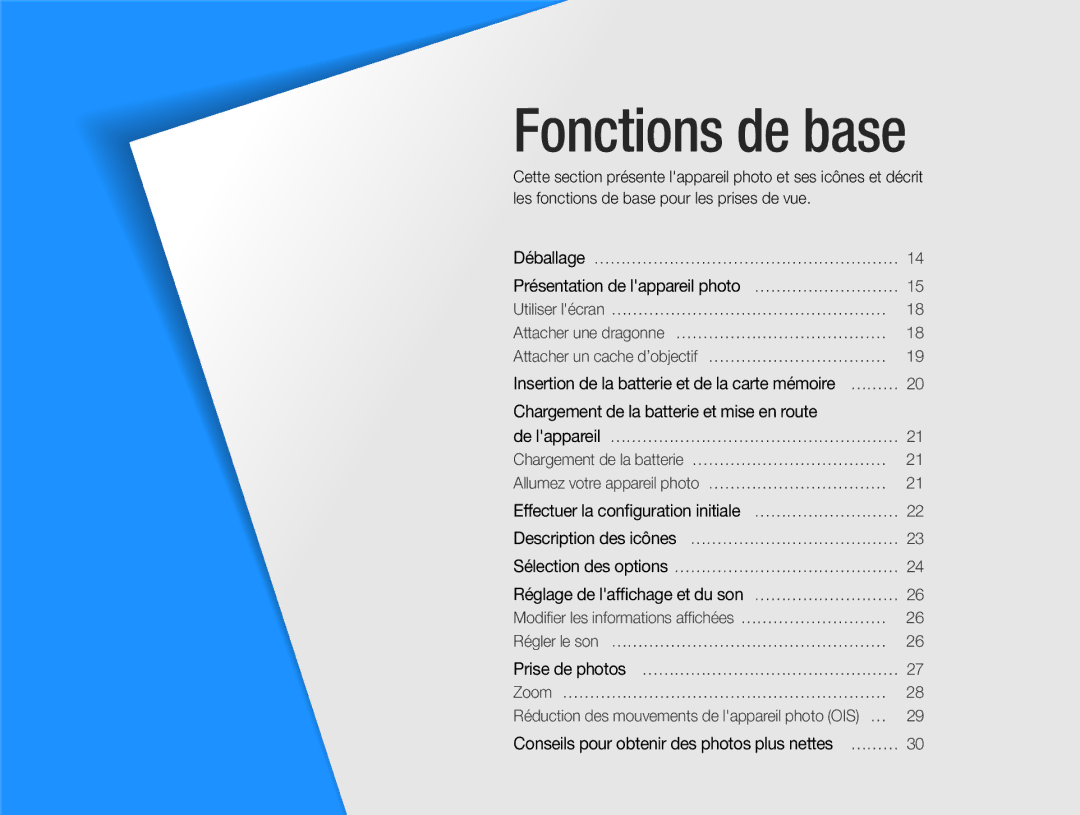 Samsung EC-EX1ZZZBPBIT, EC-EX1ZZZBPBE1, EC-EX1ZZZBPAGB manual Fonctions de base 