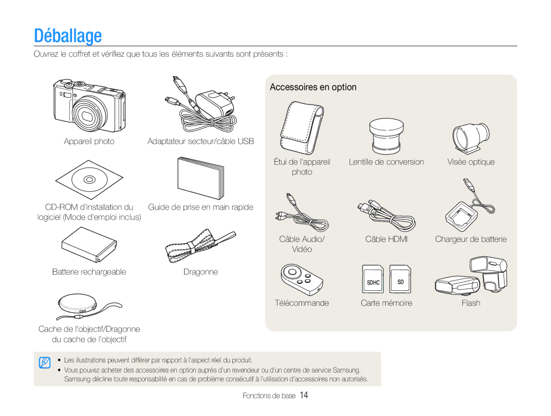 Samsung EC-EX1ZZZBPBE1, EC-EX1ZZZBPAGB, EC-EX1ZZZBPBIT manual Déballage, Accessoires en option 