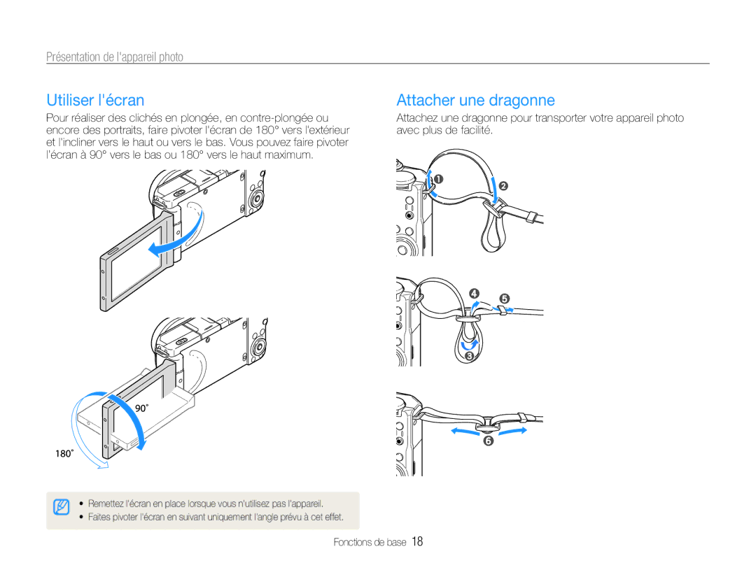 Samsung EC-EX1ZZZBPAGB, EC-EX1ZZZBPBE1, EC-EX1ZZZBPBIT manual Utiliser lécran, Attacher une dragonne 