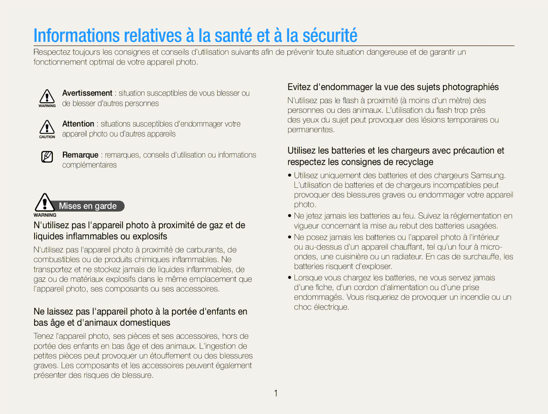 Samsung EC-EX1ZZZBPBIT, EC-EX1ZZZBPBE1, EC-EX1ZZZBPAGB Informations relatives à la santé et à la sécurité, Mises en garde 