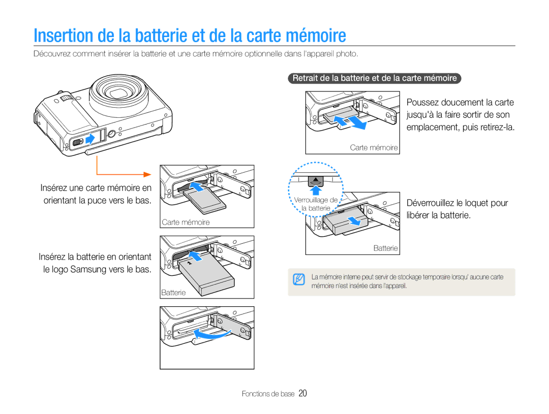 Samsung EC-EX1ZZZBPBE1 Insertion de la batterie et de la carte mémoire, Déverrouillez le loquet pour libérer la batterie 