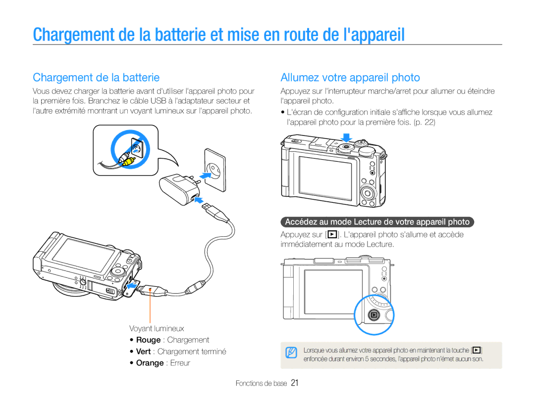 Samsung EC-EX1ZZZBPAGB manual Chargement de la batterie et mise en route de lappareil, Allumez votre appareil photo 