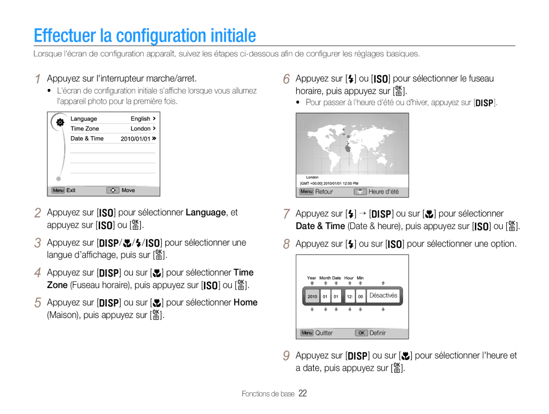 Samsung EC-EX1ZZZBPBIT, EC-EX1ZZZBPBE1 manual Effectuer la conﬁguration initiale, Appuyez sur linterrupteur marche/arret 