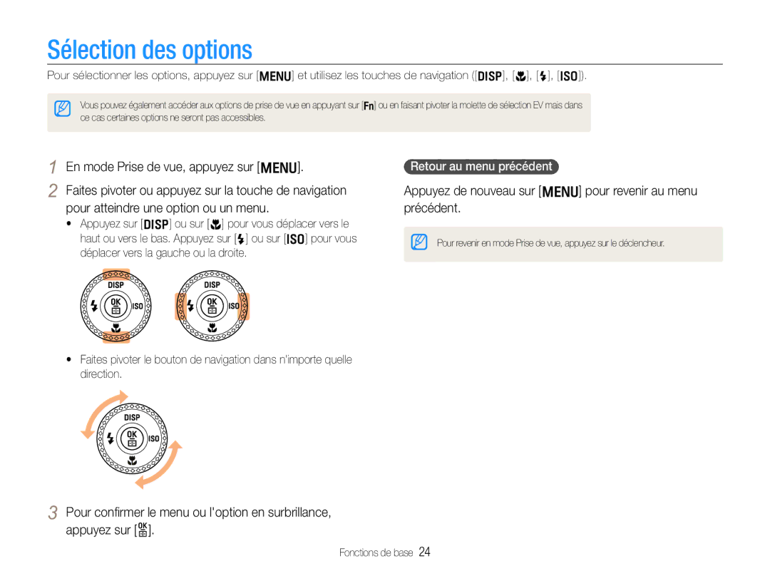 Samsung EC-EX1ZZZBPAGB manual Sélection des options, En mode Prise de vue, appuyez sur m, Retour au menu précédent 