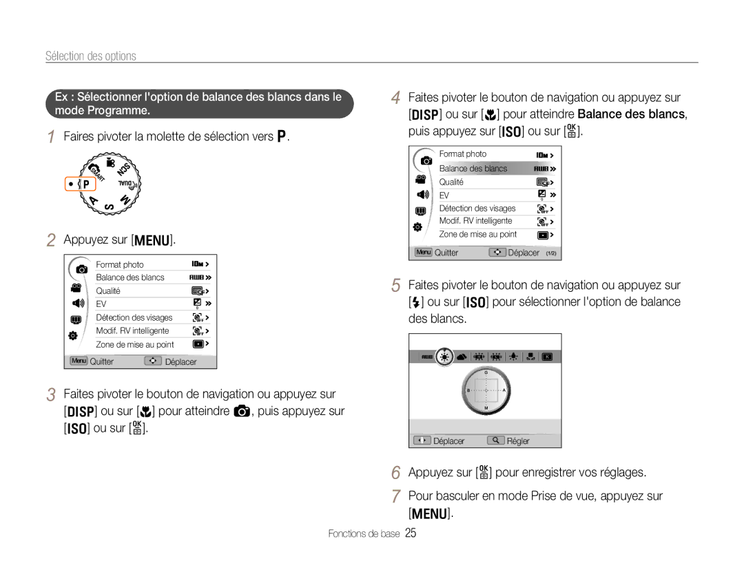 Samsung EC-EX1ZZZBPBIT, EC-EX1ZZZBPBE1 Sélection des options, Faires pivoter la molette de sélection vers p Appuyez sur m 