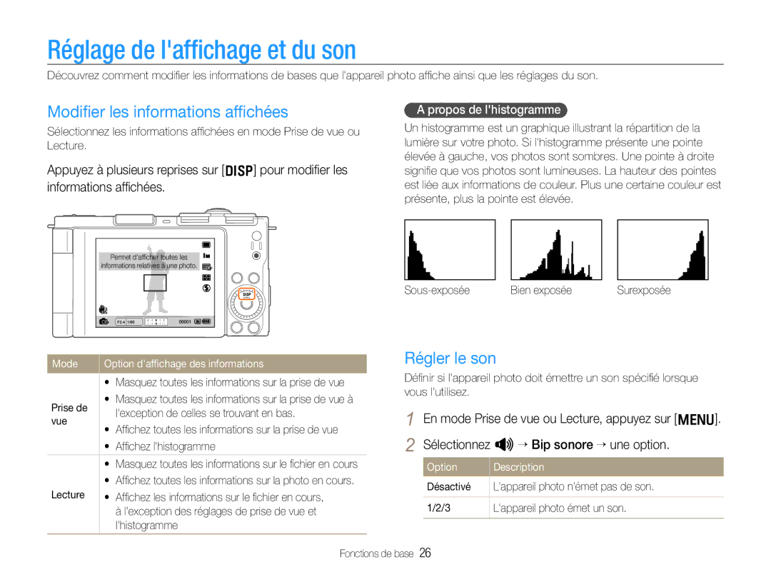 Samsung EC-EX1ZZZBPBE1, EC-EX1ZZZBPAGB Réglage de lafﬁchage et du son, Modiﬁer les informations afﬁchées, Régler le son 