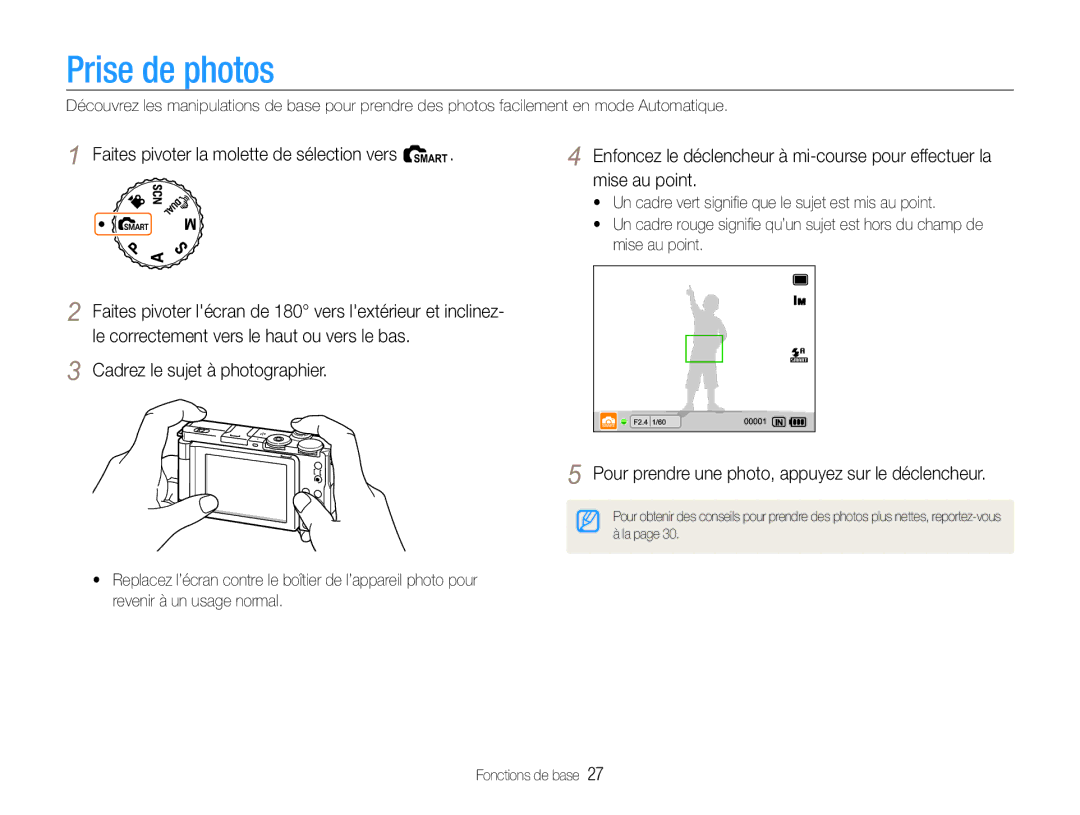 Samsung EC-EX1ZZZBPAGB, EC-EX1ZZZBPBE1 manual Prise de photos, Faites pivoter la molette de sélection vers t, Mise au point 