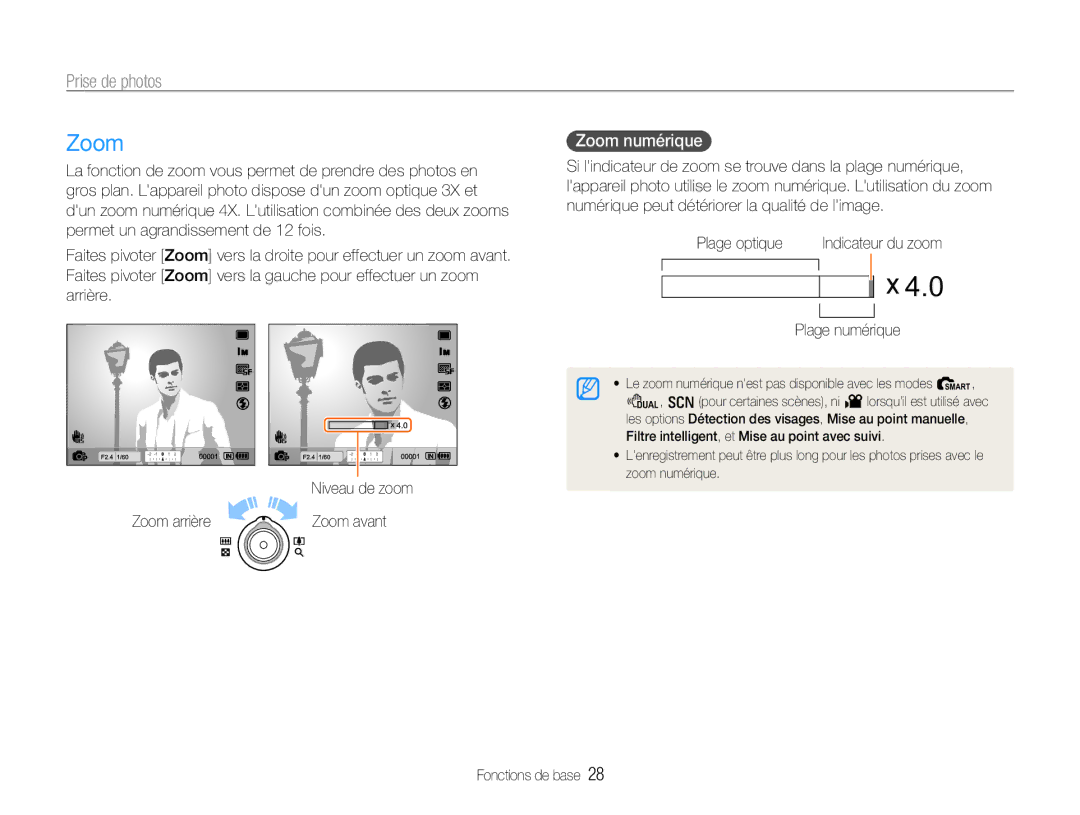 Samsung EC-EX1ZZZBPBIT, EC-EX1ZZZBPBE1, EC-EX1ZZZBPAGB manual Prise de photos, Zoom numérique, Plage numérique 