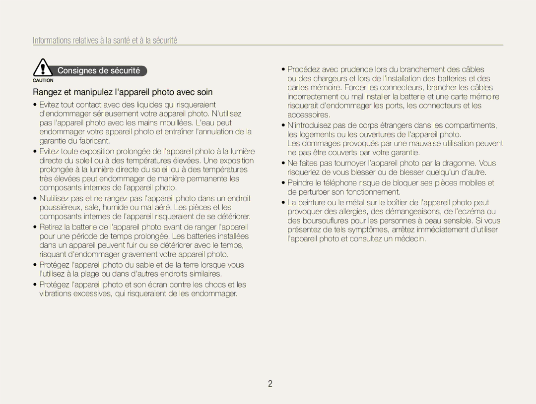 Samsung EC-EX1ZZZBPBE1 Informations relatives à la santé et à la sécurité, Rangez et manipulez lappareil photo avec soin 