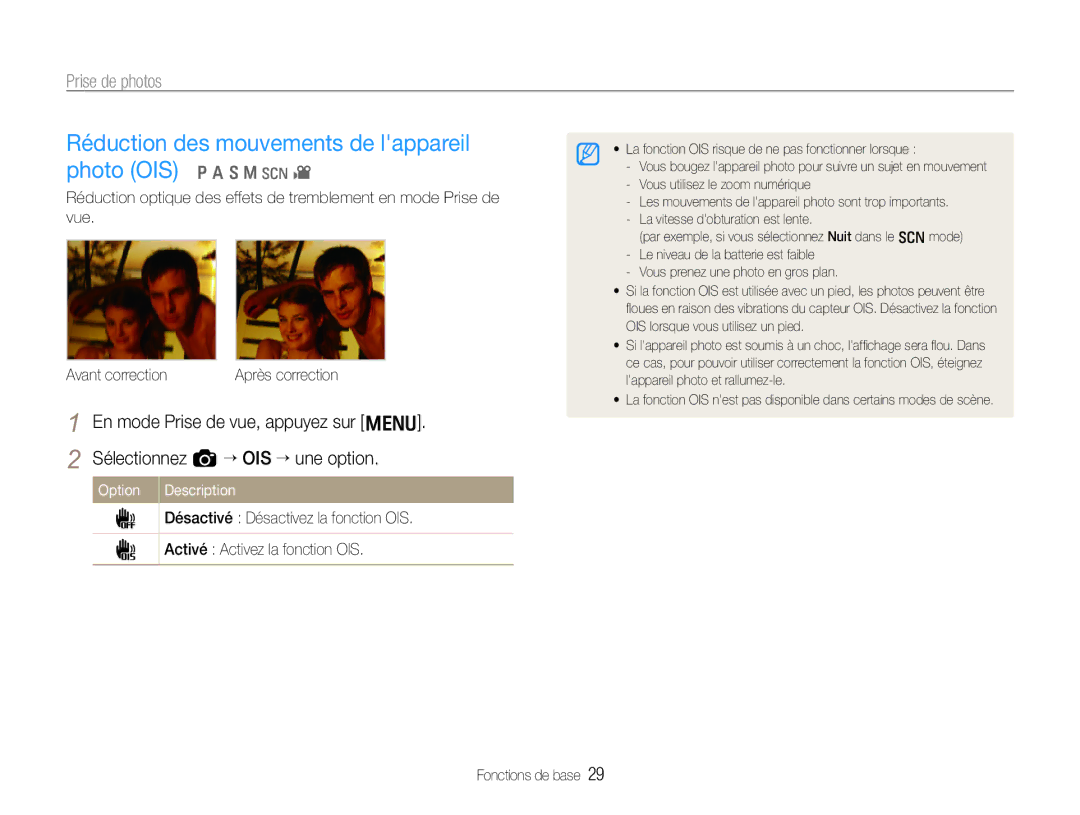 Samsung EC-EX1ZZZBPBE1, EC-EX1ZZZBPAGB, EC-EX1ZZZBPBIT Réduction des mouvements de lappareil photo OIS, Option Description 