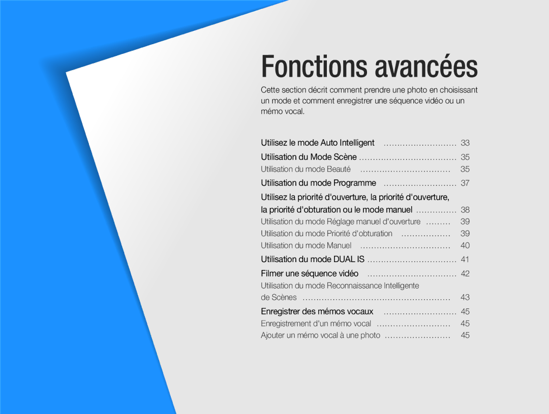 Samsung EC-EX1ZZZBPBE1, EC-EX1ZZZBPAGB, EC-EX1ZZZBPBIT manual Fonctions avancées 