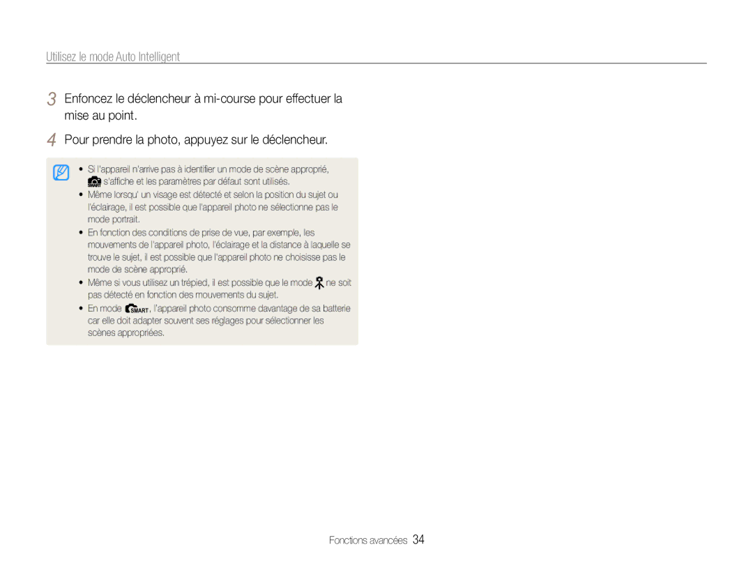 Samsung EC-EX1ZZZBPBIT, EC-EX1ZZZBPBE1, EC-EX1ZZZBPAGB manual Utilisez le mode Auto Intelligent 