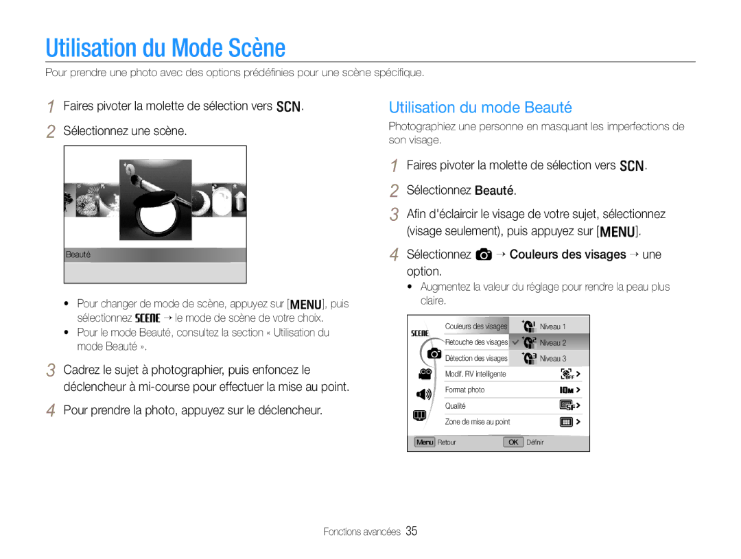 Samsung EC-EX1ZZZBPBE1, EC-EX1ZZZBPAGB, EC-EX1ZZZBPBIT manual Utilisation du Mode Scène, Utilisation du mode Beauté 