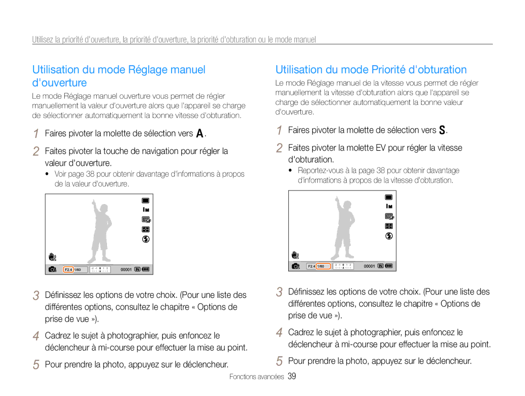 Samsung EC-EX1ZZZBPAGB manual Utilisation du mode Réglage manuel douverture, Utilisation du mode Priorité dobturation 