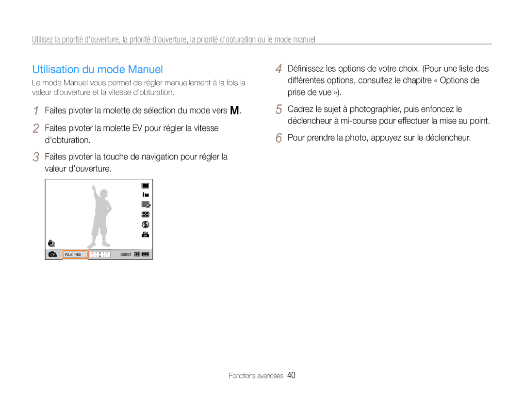 Samsung EC-EX1ZZZBPBIT, EC-EX1ZZZBPBE1, EC-EX1ZZZBPAGB manual Utilisation du mode Manuel 