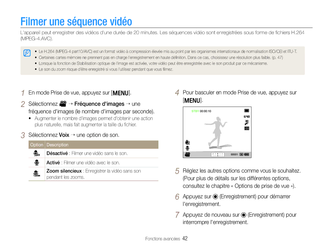 Samsung EC-EX1ZZZBPAGB, EC-EX1ZZZBPBE1, EC-EX1ZZZBPBIT Filmer une séquence vidéo, Sélectionnez Voix ““une option de son 