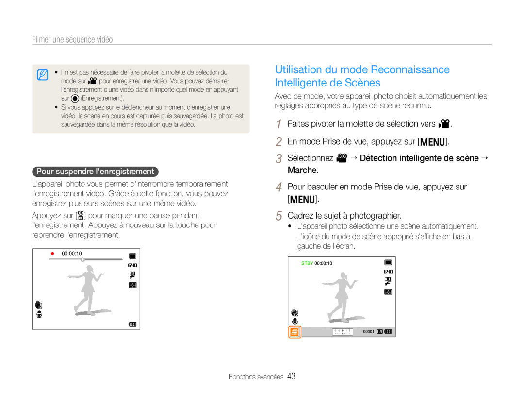 Samsung EC-EX1ZZZBPBIT manual Utilisation du mode Reconnaissance Intelligente de Scènes, Filmer une séquence vidéo 