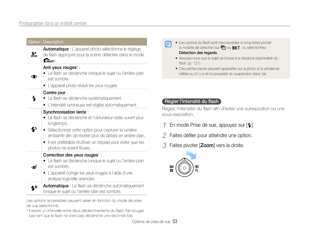 Samsung EC-EX1ZZZBPBE1, EC-EX1ZZZBPAGB, EC-EX1ZZZBPBIT manual Photographier dans un endroit sombre, Régler lintensité du ﬂash 