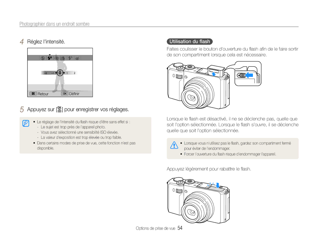 Samsung EC-EX1ZZZBPAGB, EC-EX1ZZZBPBE1, EC-EX1ZZZBPBIT manual Réglez lintensité, Utilisation du ﬂash 