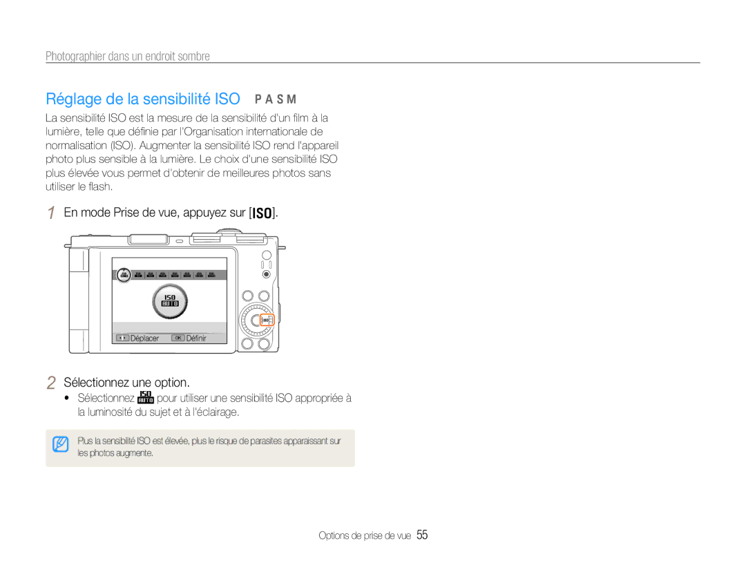 Samsung EC-EX1ZZZBPBIT, EC-EX1ZZZBPBE1 manual Réglage de la sensibilité ISO p a S M, En mode Prise de vue, appuyez sur 