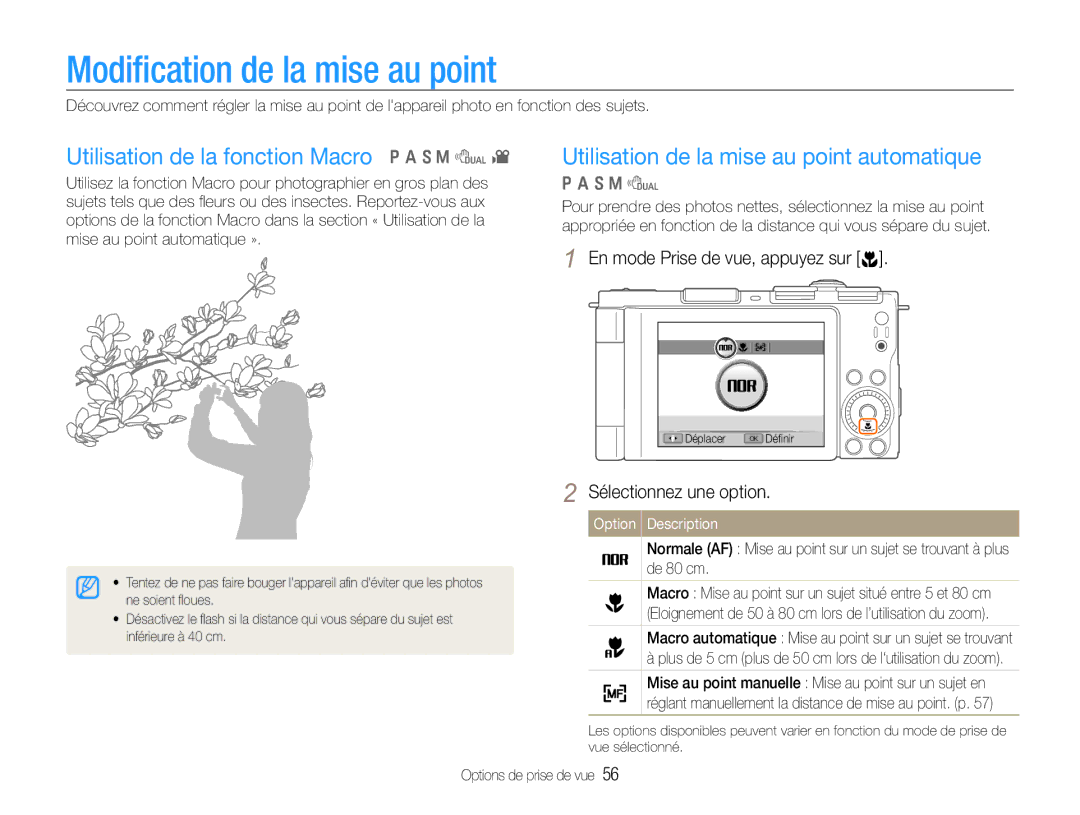 Samsung EC-EX1ZZZBPBE1, EC-EX1ZZZBPAGB manual Modiﬁcation de la mise au point, Utilisation de la fonction Macro p a S M d 