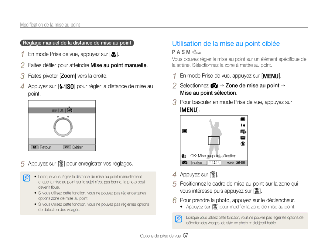 Samsung EC-EX1ZZZBPAGB, EC-EX1ZZZBPBE1 manual Utilisation de la mise au point ciblée, Modiﬁcation de la mise au point 