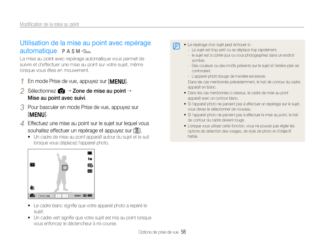 Samsung EC-EX1ZZZBPBIT, EC-EX1ZZZBPBE1, EC-EX1ZZZBPAGB manual Utilisation de la mise au point avec repérage automatique 