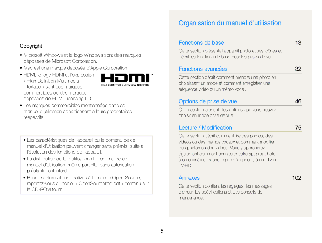 Samsung EC-EX1ZZZBPBE1, EC-EX1ZZZBPAGB manual Organisation du manuel dutilisation, Copyright, Choisir en mode prise de vue 