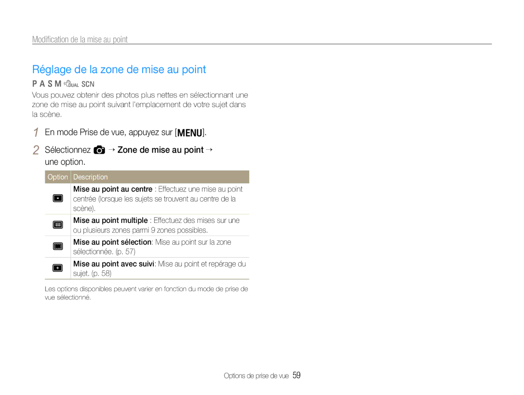Samsung EC-EX1ZZZBPBE1, EC-EX1ZZZBPAGB, EC-EX1ZZZBPBIT manual Réglage de la zone de mise au point, Option Description 