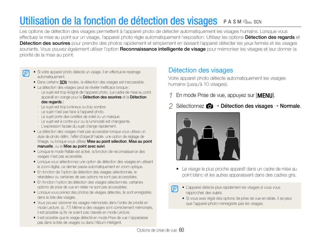 Samsung EC-EX1ZZZBPAGB, EC-EX1ZZZBPBE1, EC-EX1ZZZBPBIT manual Détection des visages 