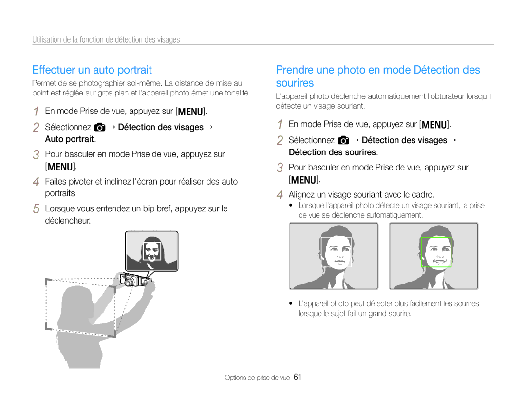 Samsung EC-EX1ZZZBPBIT, EC-EX1ZZZBPBE1 manual Effectuer un auto portrait, Prendre une photo en mode Détection des sourires 