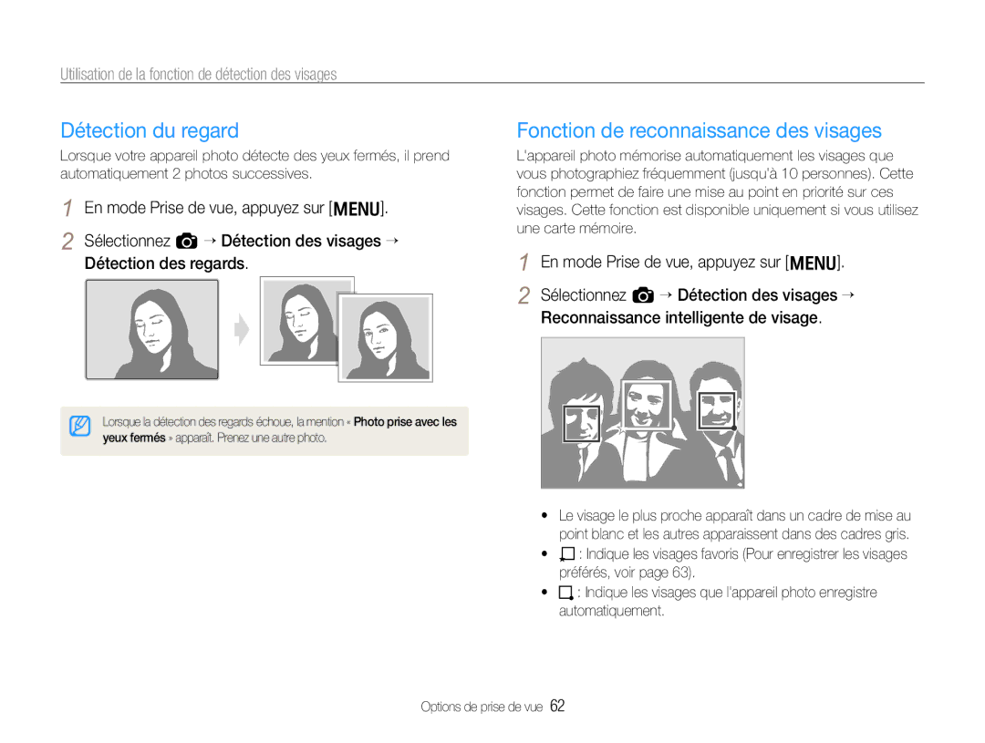 Samsung EC-EX1ZZZBPBE1, EC-EX1ZZZBPAGB, EC-EX1ZZZBPBIT manual Détection du regard, Fonction de reconnaissance des visages 