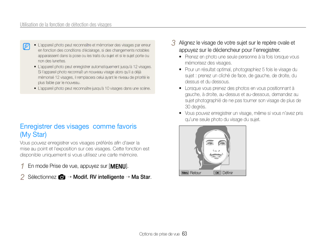 Samsung EC-EX1ZZZBPAGB, EC-EX1ZZZBPBE1, EC-EX1ZZZBPBIT manual Enregistrer des visages comme favoris My Star 