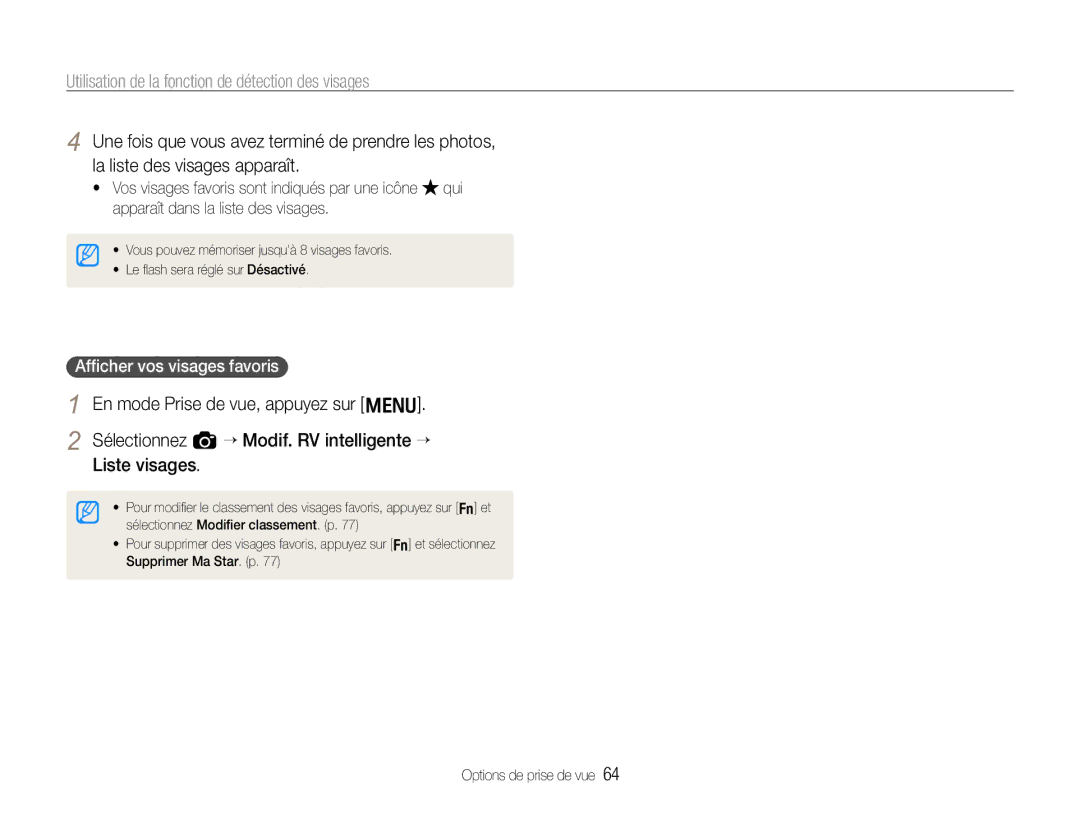 Samsung EC-EX1ZZZBPBIT, EC-EX1ZZZBPBE1, EC-EX1ZZZBPAGB manual Afﬁcher vos visages favoris 
