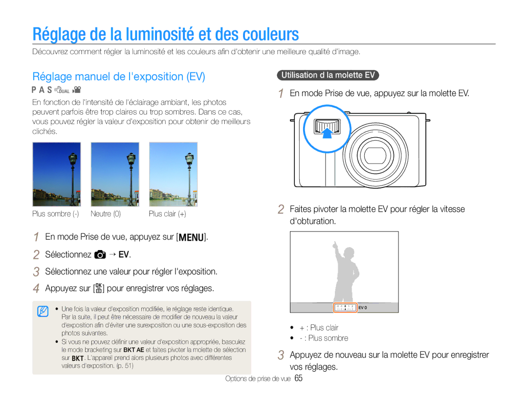 Samsung EC-EX1ZZZBPBE1, EC-EX1ZZZBPAGB manual Réglage de la luminosité et des couleurs, Réglage manuel de lexposition EV 