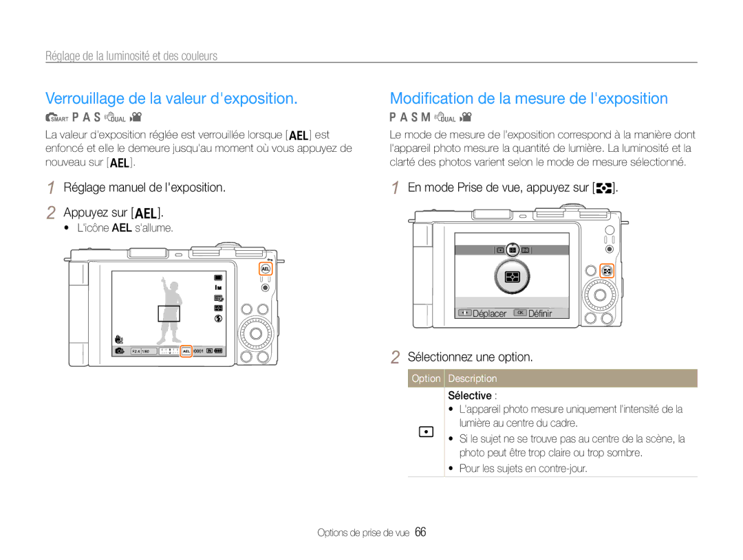 Samsung EC-EX1ZZZBPAGB, EC-EX1ZZZBPBE1 manual Modiﬁcation de la mesure de lexposition, En mode Prise de vue, appuyez sur e 