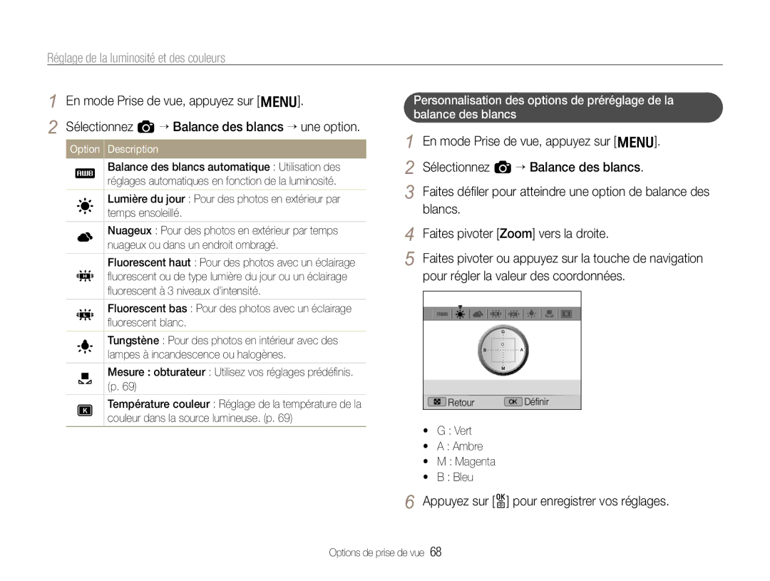 Samsung EC-EX1ZZZBPBE1, EC-EX1ZZZBPAGB, EC-EX1ZZZBPBIT manual  G Vert  a Ambre  M Magenta  B Bleu 