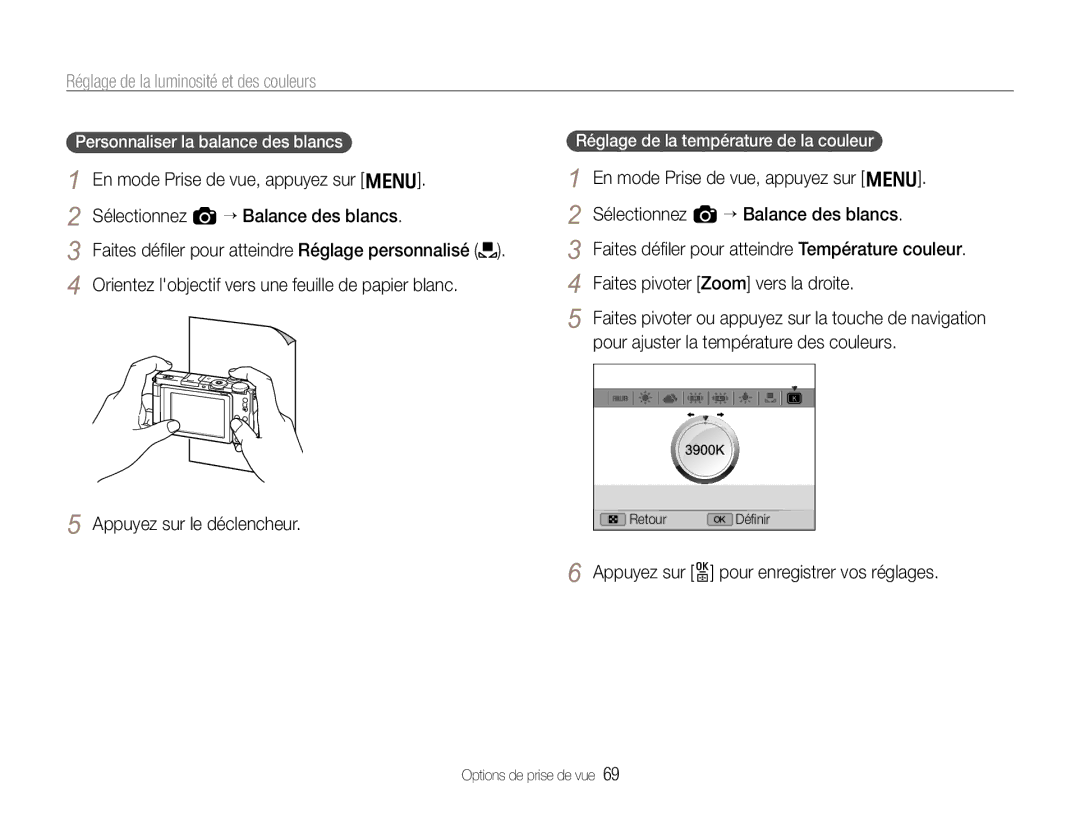 Samsung EC-EX1ZZZBPAGB, EC-EX1ZZZBPBE1 manual Personnaliser la balance des blancs, Réglage de la température de la couleur 