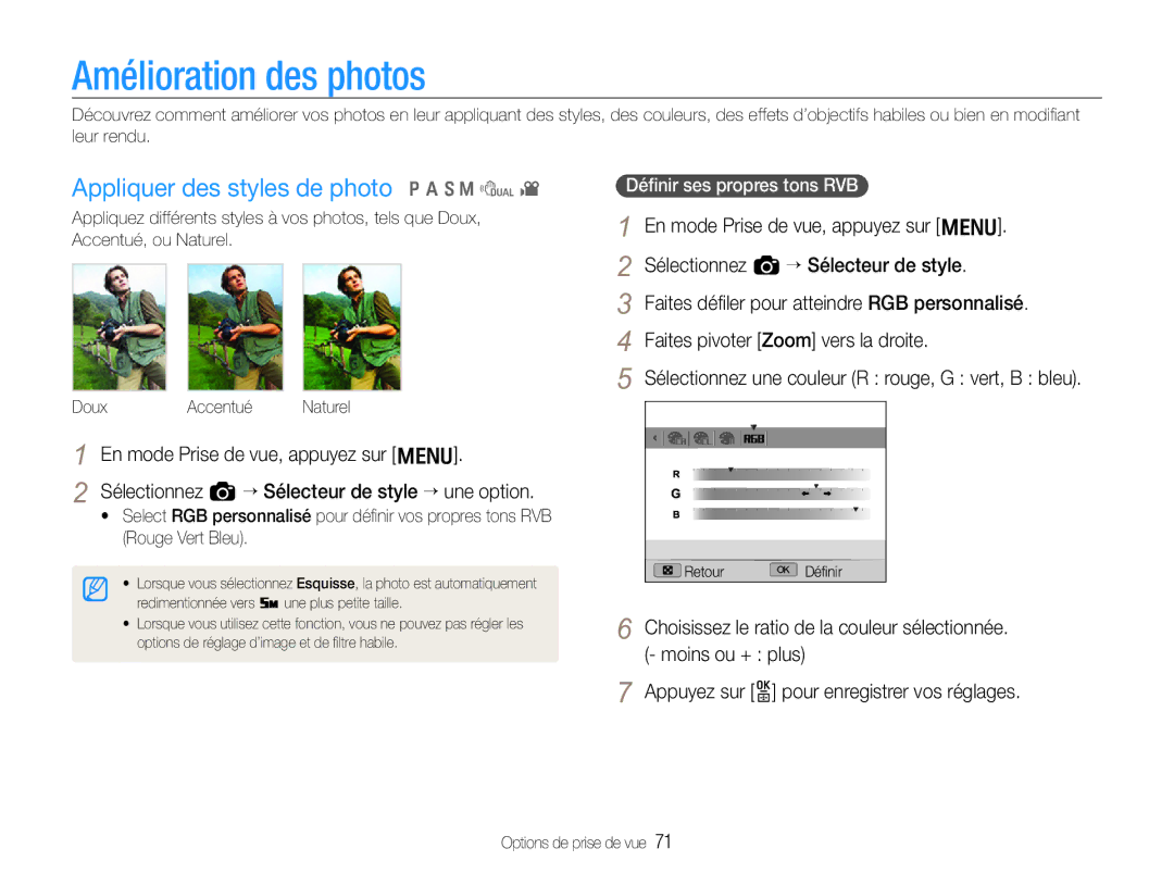 Samsung EC-EX1ZZZBPBE1 manual Amélioration des photos, Appliquer des styles de photo p a S M d, Déﬁnir ses propres tons RVB 