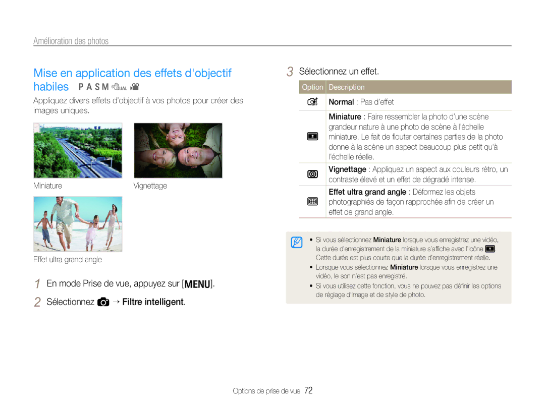 Samsung EC-EX1ZZZBPAGB, EC-EX1ZZZBPBE1 manual Mise en application des effets dobjectif habiles, Amélioration des photos 