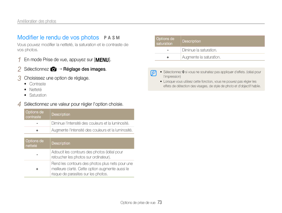 Samsung EC-EX1ZZZBPBIT manual Modiﬁer le rendu de vos photos p a S M, Sélectionnez une valeur pour régler loption choisie 