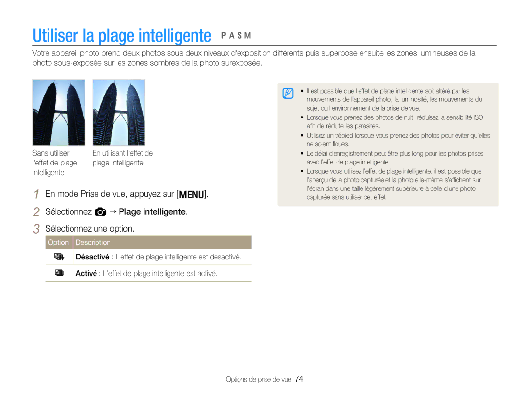 Samsung EC-EX1ZZZBPBE1 Utiliser la plage intelligente p a S M, Sélectionnez a “ Plage intelligente Sélectionnez une option 