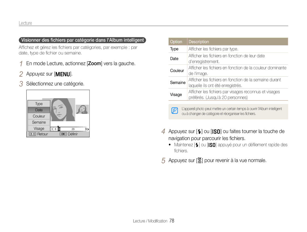 Samsung EC-EX1ZZZBPAGB, EC-EX1ZZZBPBE1, EC-EX1ZZZBPBIT manual Appuyez sur o pour revenir à la vue normale 