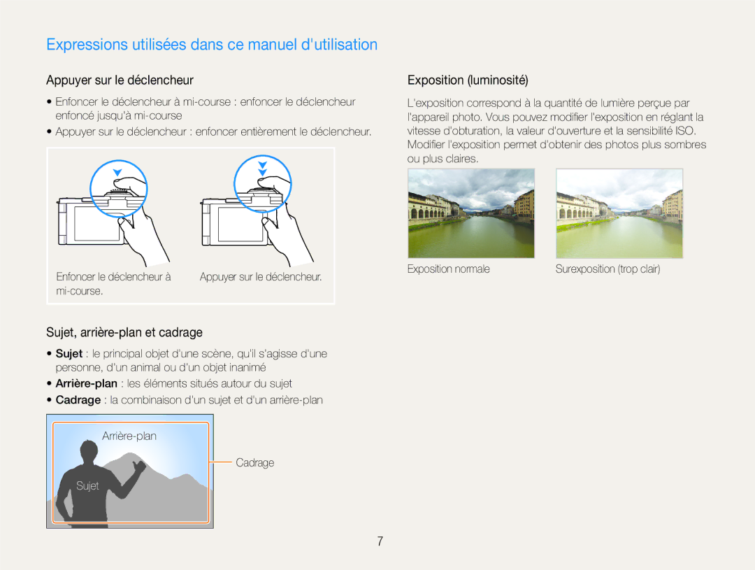 Samsung EC-EX1ZZZBPBIT manual Expressions utilisées dans ce manuel dutilisation, Appuyer sur le déclencheur, Sujet 